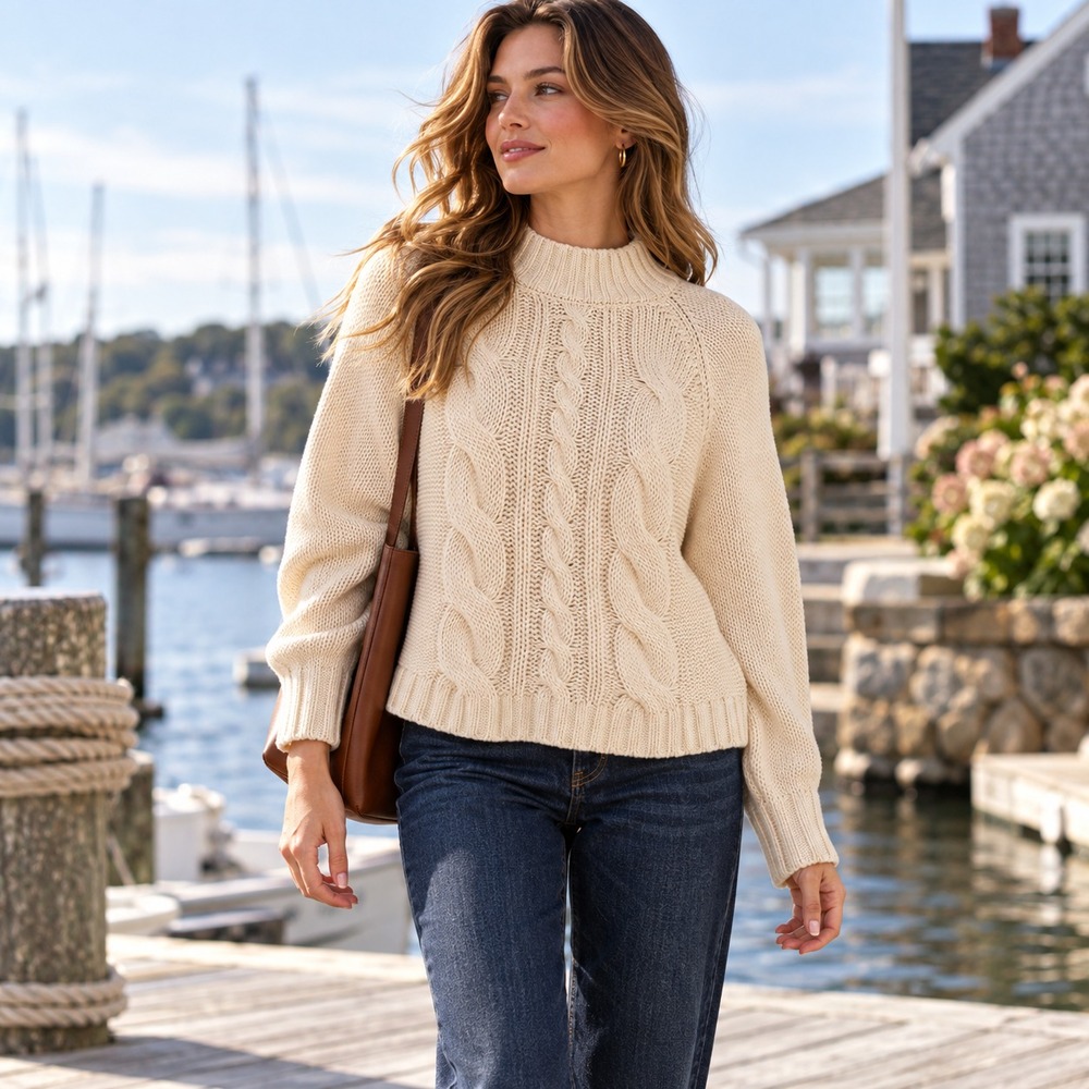 Elie Tahari Womens Fisherman Cable Knit Sweater Sz M Cream Mock Neck Wool Blend